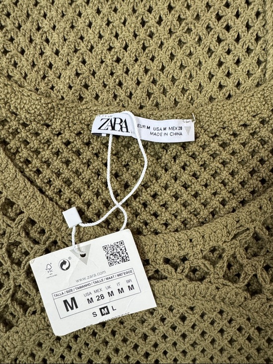 Zara Khaki Olive Green Knit Crochet Cut Out Swim Cover Mini Dress Size Medium - Picture 12 of 13